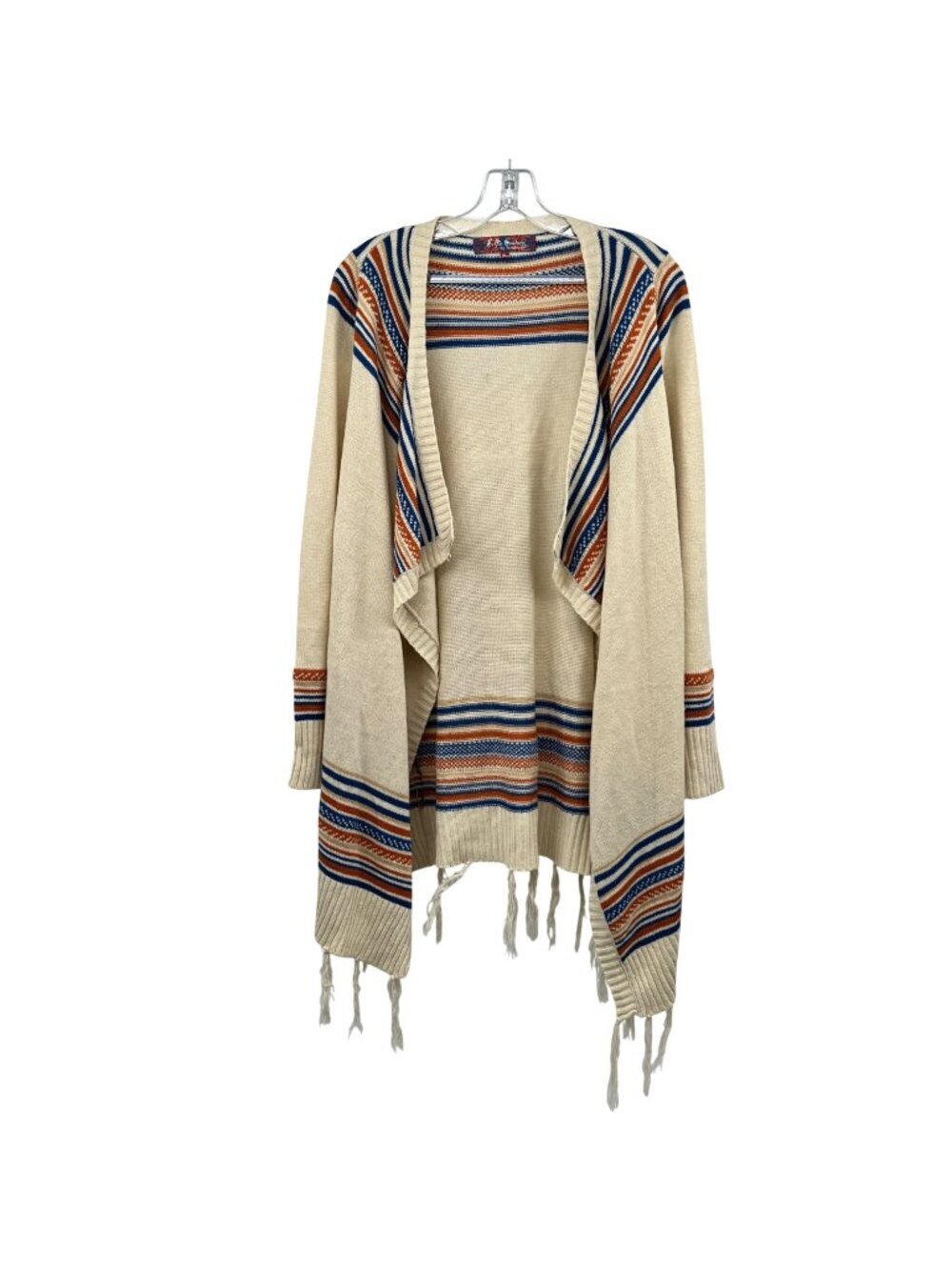 Selfie Couture Womens Knit Cardigan Fringe Open Front Cream/Multi Size M/L